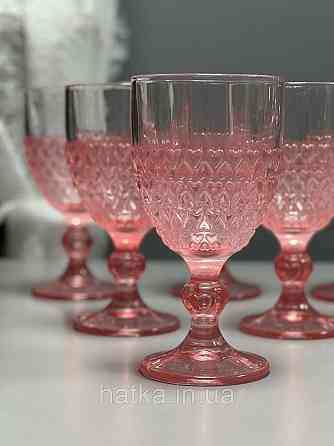 Набір 6 шт. келихів «Рожеве Серце» 300 мл орнамент у вигляді серця рожеві скло Київ