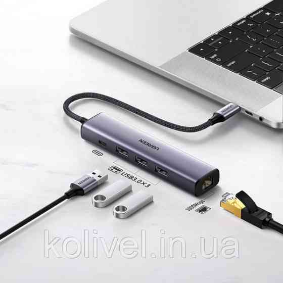 Хаб USB 3.0 Type-C -> 3xUSB 3.0 + RJ45 1000M CM475 Сірий UGREEN (20932) Київ