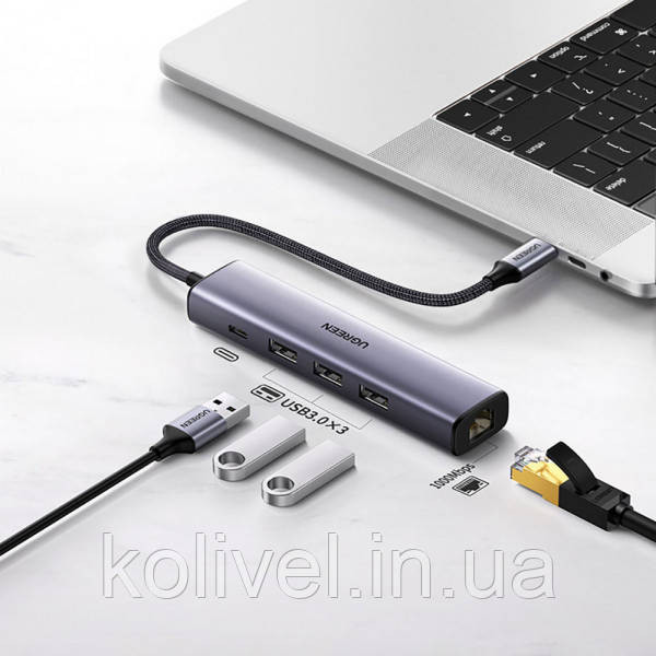 Хаб USB 3.0 Type-C -> 3xUSB 3.0 + RJ45 1000M CM475 Сірий UGREEN (20932) Київ - фото 5
