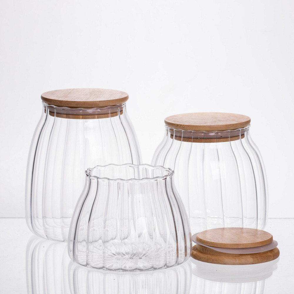 Набор стеклянных банок с бамбуковыми крышками, 3 шт. Киев - изображение 1