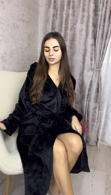 Женский махровый халат длинный Черный, M Харьков - изображение 3