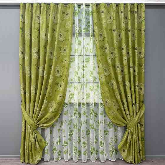 Комплект штор VR-Textil Лен Прованс 150х270 2шт и Тюль 500х270 2077ш-1264т Оливковый с белым 71-210/4 Киев