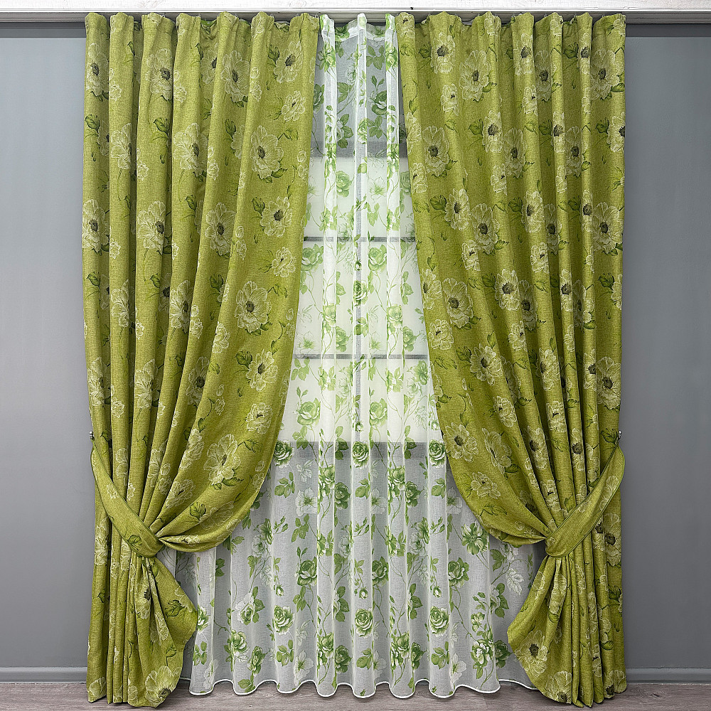 Комплект штор VR-Textil Лен Прованс 150х270 2шт и Тюль 500х270 2077ш-1264т Оливковый с белым 71-210/4 Киев - изображение 1
