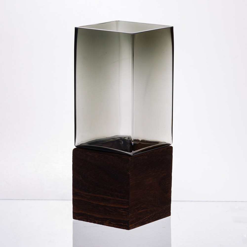 Скляна декоративна ваза квадратна, стильна ваза скло з деревом для квітів прозора HP-32-8 Київ - фото 1