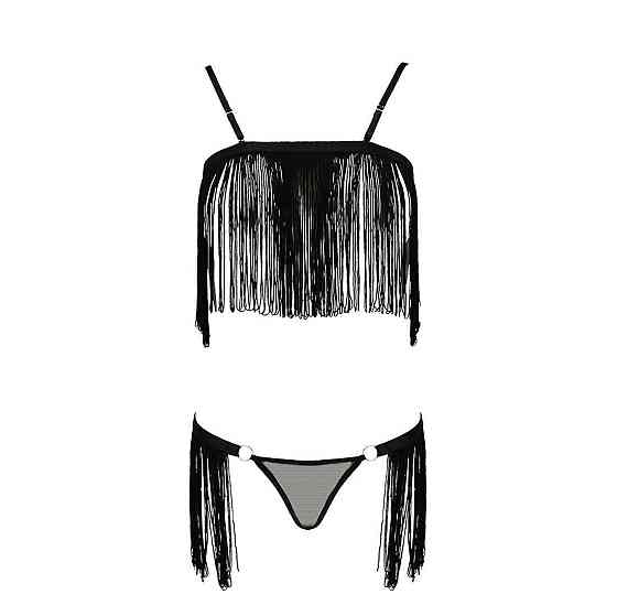 Комплект білизни Passion Exclusive KASSANDRA SET OpenBra L/XL black, ліф з бахроми, трусики-спідниця Sex Aura Київ
