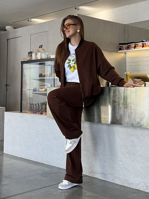 Жіночий трикотажний костюм оверсайз з широкими штанами Коричневий XS-S Харків - фото 9