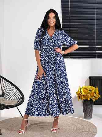 Женское легкое принтованное платье с имитацией запаха шелковый софт Синий, 42/44 Одесса