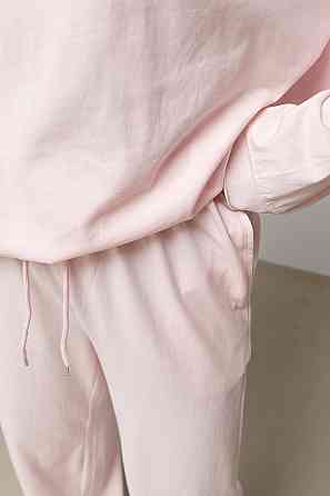 Трикотажный однотонный хлопковый костюм-двойка с лонгом и брюками палаццо, свободный, пудра, M Лубны