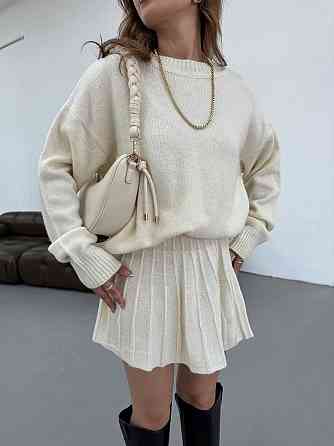 Женский вязаный костюм свитер оверсайз и стильная юбочка 70% Акрил 30% котон Молочный Одесса