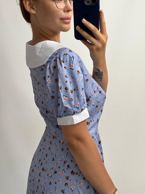 Жіноча сукня з штапелю з білим комірцем Блакитний з квітами M-L Харків - фото 3