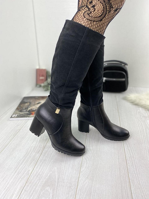 Чоботи жіночі ARLETT чорні шкіра+замша натуральна висота 35 см об'єм гомілки 37 см висота підбо Коломия - фото 1