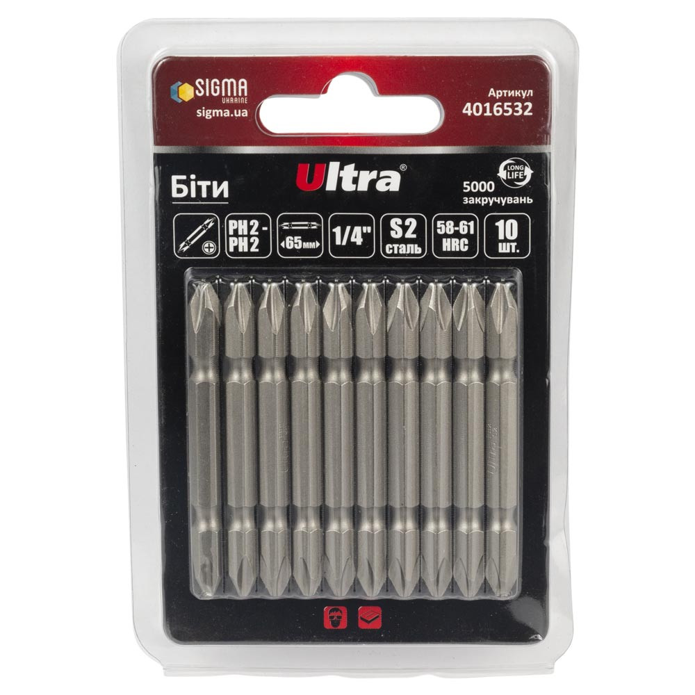 Ultra Биты PH2-PH2×65мм ¼" 10шт S2 (блистер) ULTRA (4016532) Коломия - фото 1