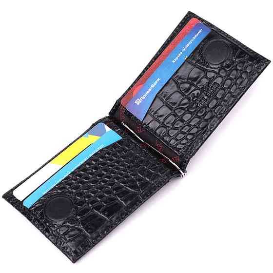 Удобный мужской зажим из натуральной фактурной кожи под крокодила KARYA 22886 Черный Киев