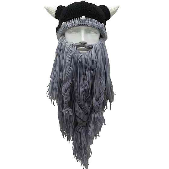 Зимова шапка вікінга RESTEQ - тепла шапка з рогами і довгою бородою, костюмна в'язана маска для свят, косплея і зимових прогулянок Київ