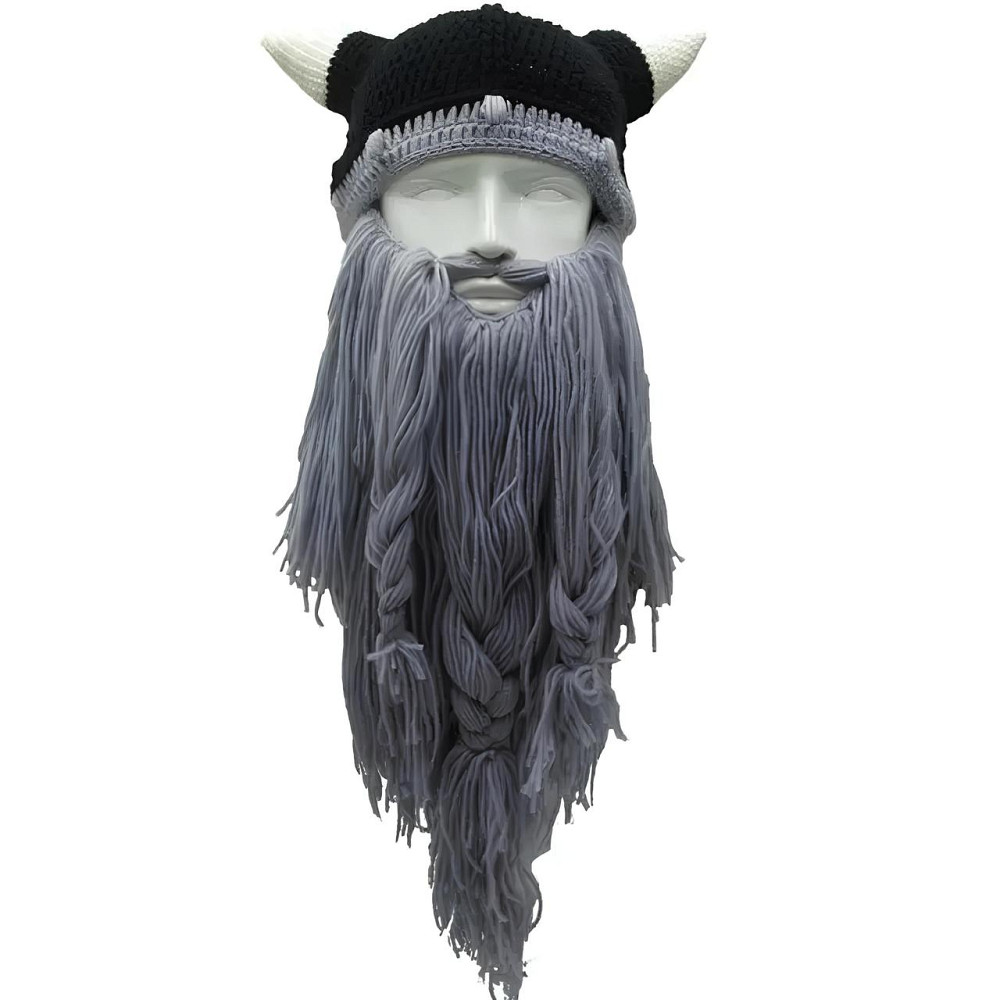 Зимова шапка вікінга RESTEQ - тепла шапка з рогами і довгою бородою, костюмна в'язана маска для свят, косплея і зимових прогулянок Київ - фото 1