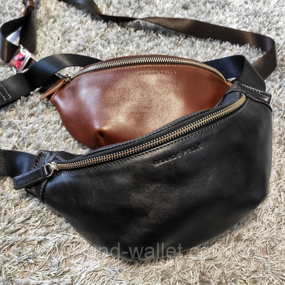 Чёрная сумка бананка на пояс среднего размера из итальянской кожи Grande Pelle 741610 Киев - изображение 1