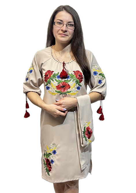 Женское вышитое платье с поясом с очаровательными Маками и колосками бежевое Киев - изображение 2