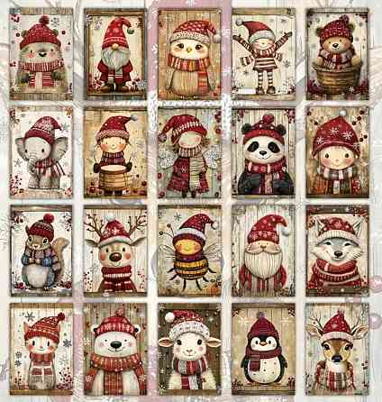 Рождественские открытки с животными – набор 10 шт, винтажный стиль Киев