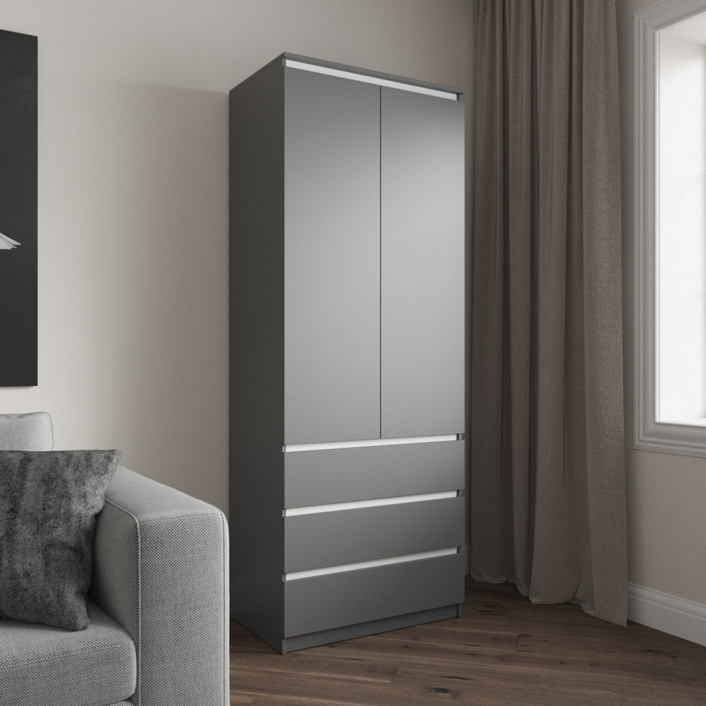 Шкаф для одежды VAYS R-16 Антрацит-Белые планки, 3 ящика, полки, без ручек, ЛДСП, 80×50×211 см – для спальни, гостиной, прихожей Львов - изображение 1