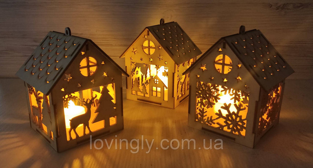 Набор подвесок с LED свечами. Два деревянные домики 13 см с подсветкой. Ирпень - изображение 6