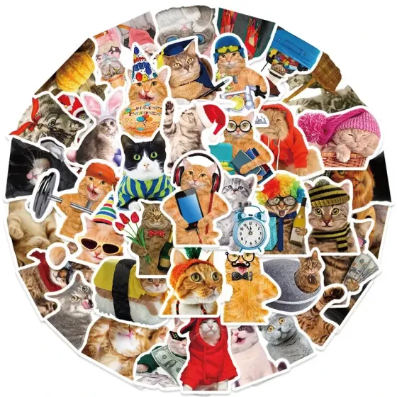 Набір вінілових наліпок з котами 50 шт – водонепроникні мультяшні стікери для ноутбука, телефона, валізи Київ