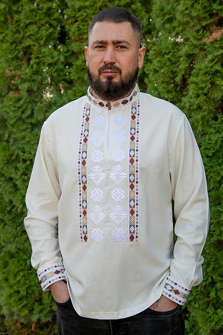 Вишиванка чоловіча, лляна, з довгим рукавом, молочна льон  , топ 46 Київ - фото 1