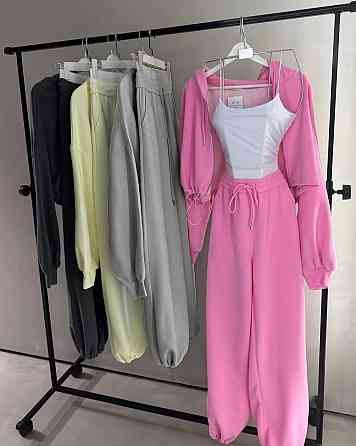 Женский прогулочный оверсайз костюм тройка: кофта топ и брюки двунить + микродайвинг Розовый Одесса