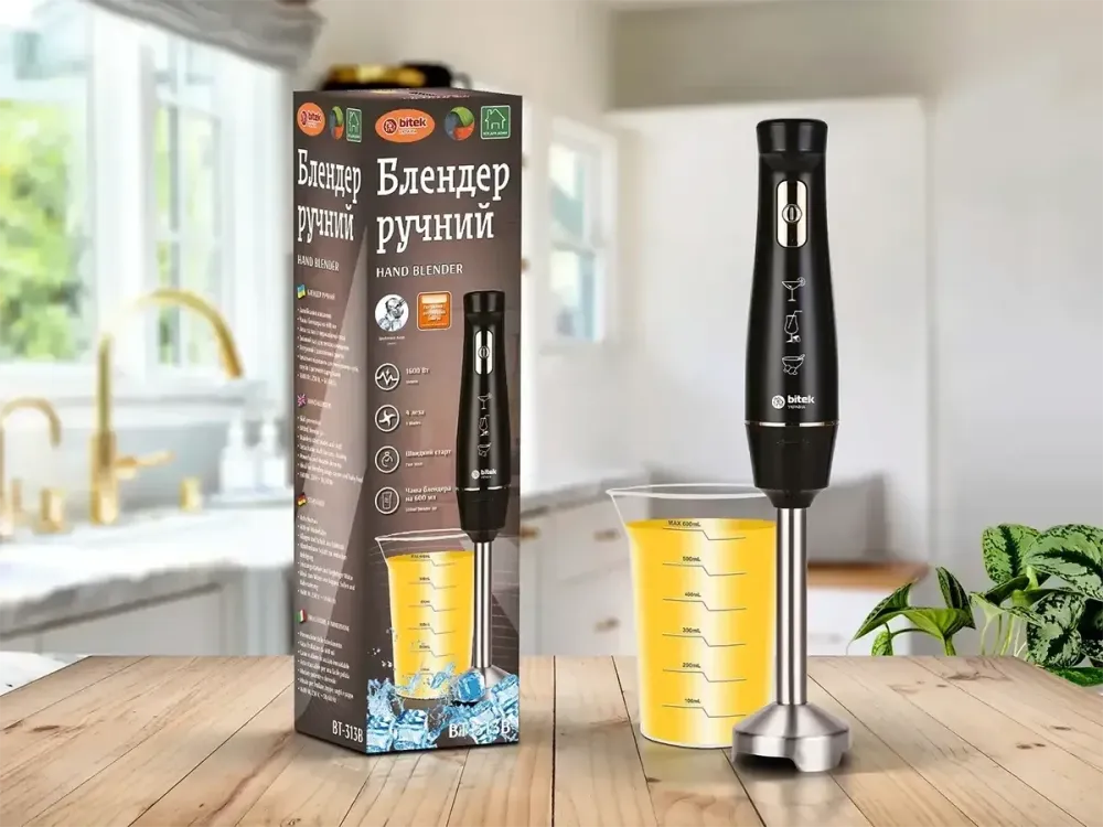 Блендер ручной BITEK BT-313B 1600Вт с чашей 600 мл, 4 ножа, погружной, черный, 1 скорость Одесса - изображение 1