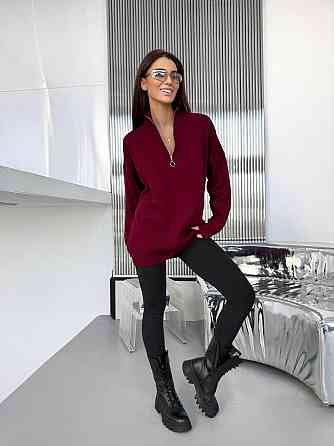 Жіночий стильний подовжений оверсайз светр зі змійкою в'язання 50% котон/50% акрил Бургунді Одеса