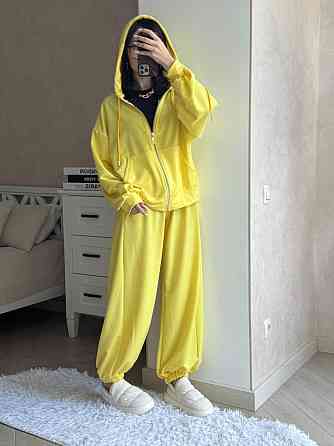 Жіночий прогулянковий оверсайз костюм-двійка: кофта та штани двонитка Жовтий Одеса