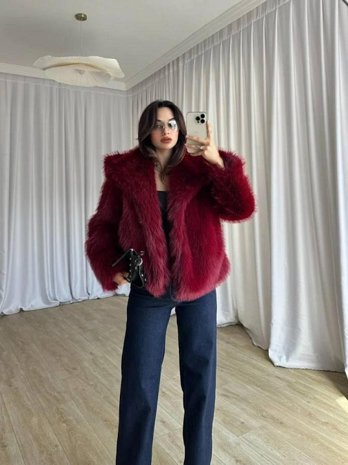 Женская стильная короткая шуба с большим воротником искусственный мех Бордовый, 46 Одесса - изображение 4