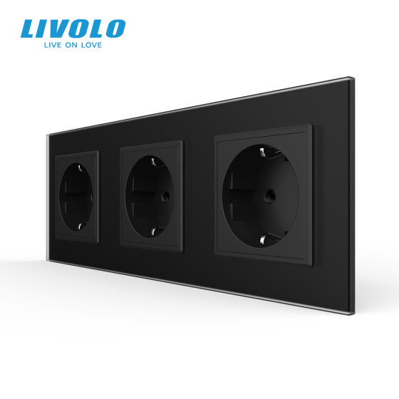 LIVOLO Потрійна електрична розетка з заземленням LIVOLO, чорна, скляна матова рамка, шторки, 25 Коломия