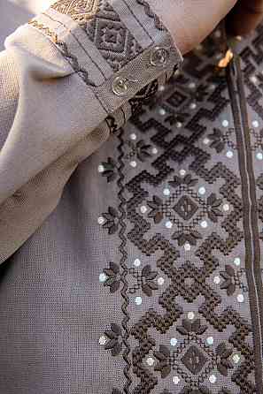 Вышиванка льняная мужская, длинный рукав, кофейная,( лен ) топ Киев