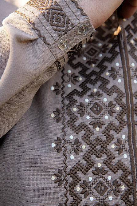 Вышиванка льняная мужская, длинный рукав, кофейная,( лен ) топ Киев - изображение 2