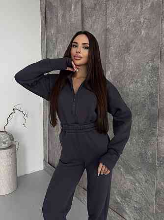 Женский теплый повседневный комбинезон с капюшоном трехнить на флисе Графит, 48/50 Одесса