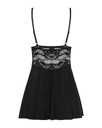 Сатиновый пеньюар с кружевом Obsessive 810-BAB-1 babydoll & thong L/XL, черный, пеньюар, танга Sex Aura Киев