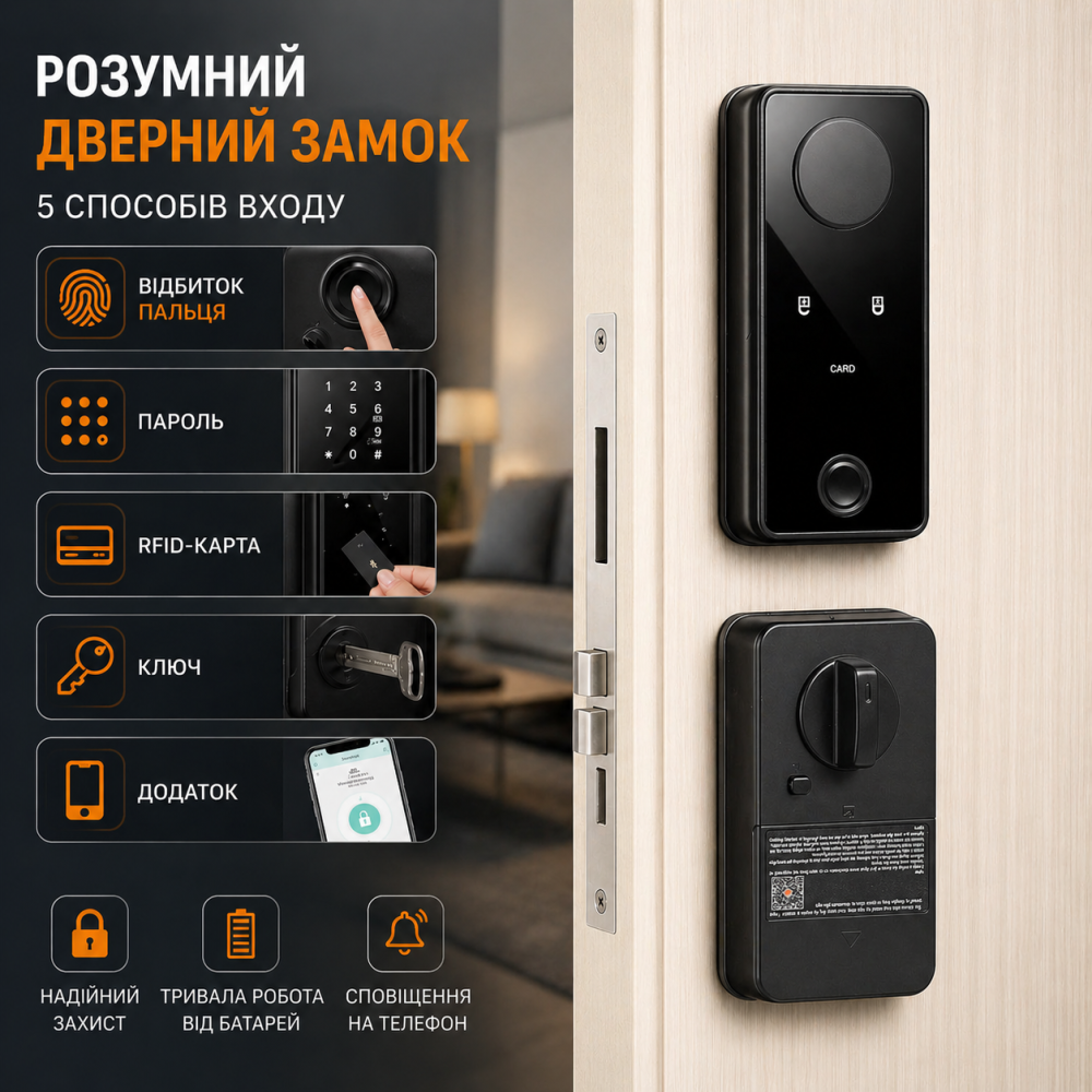 Біометричний розумний замок Splency: відбиток пальця, App, WiFi, код, RFID. Чорний, для дому та офісу Київ - фото 1
