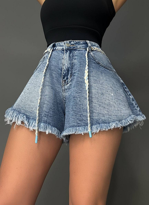 Шорти жіночі джинсові Vanver 2016 з камінням короткі розкльошені з бахромою блакитні, блакитний, 27, 27, 73 см Київ - фото 11
