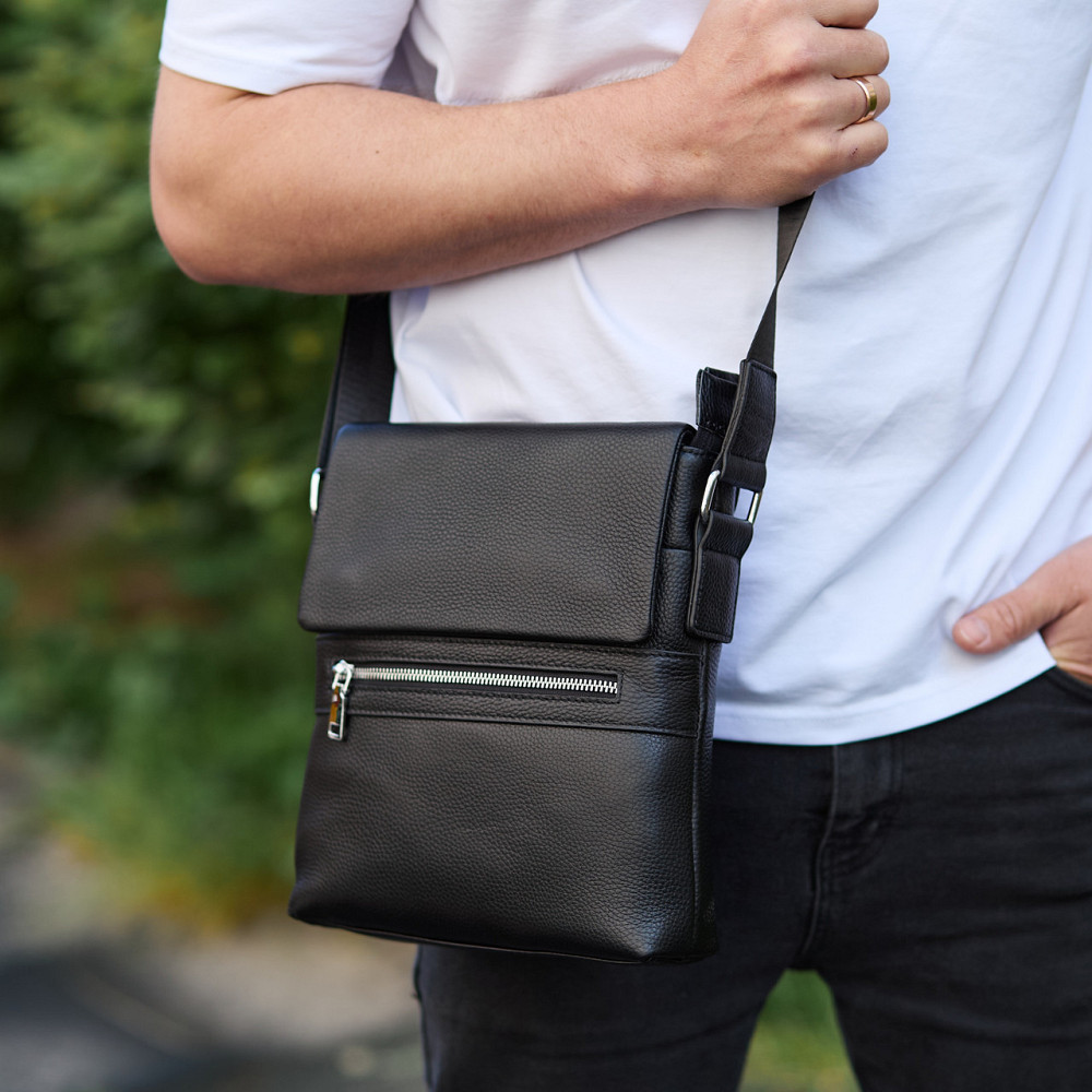 Чоловічий класичний великий шкіряний месенджер чорний Tiding Bag Київ - фото 5