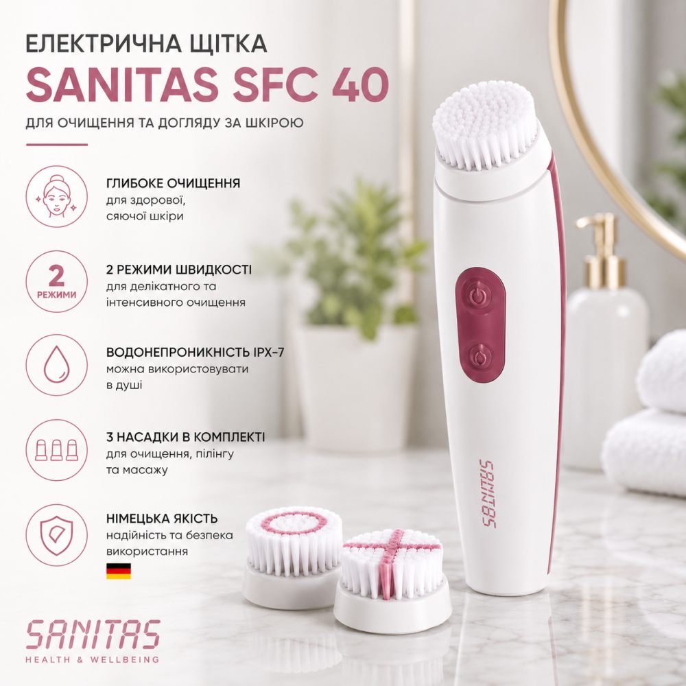 Електрична щітка для чищення обличчя Sanitas SFC 40: Набір 3 в 1, 2 швидкості, IPX-7, Німецька якість Київ - фото 6