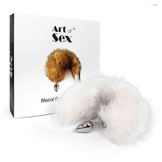 Металева анальна пробка з хвостом із натурального хутра Art of Sex size M White fox Sex Aura Київ
