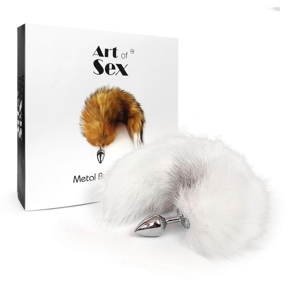 Металева анальна пробка з хвостом із натурального хутра Art of Sex size M White fox Sex Aura Київ - фото 5