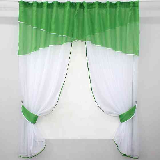Кухонные шторы VR-Textil № 091к с ламбрекеном и подвязками темно-салатовый с белым 280х170 см (52-0332) Киев