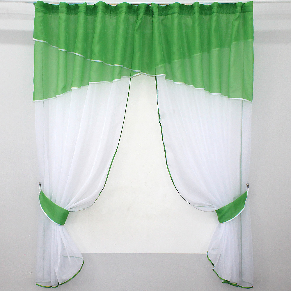 Кухонные шторы VR-Textil № 091к с ламбрекеном и подвязками темно-салатовый с белым 280х170 см (52-0332) Киев - изображение 1