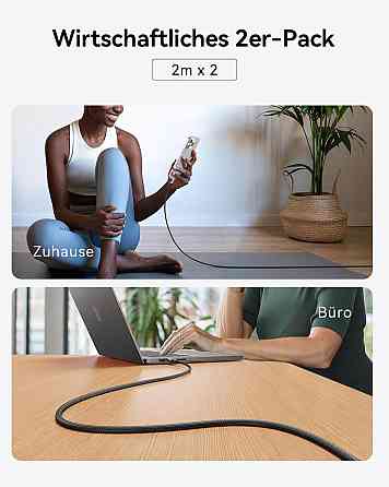 Кабель USB-C INIU 240W 2м×2 Чорний нейлон PD швидкої зарядки 480Mbps для iPhone Samsung MacBook Київ