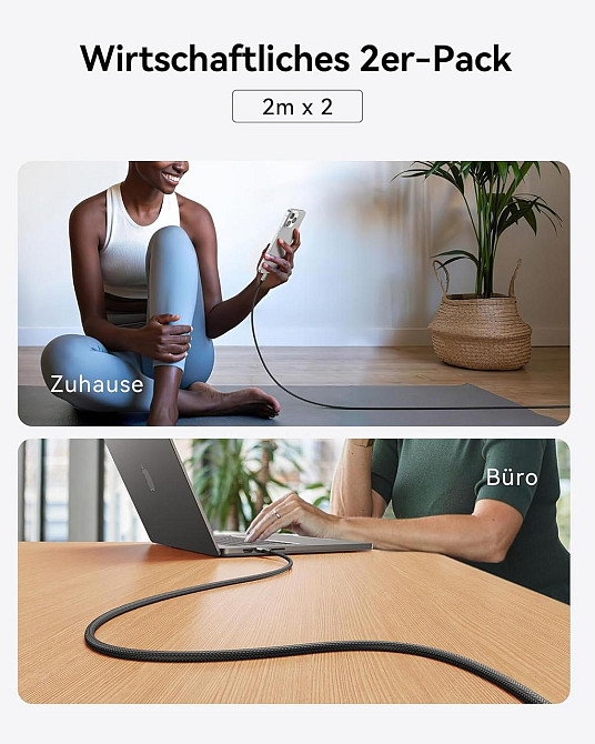 Кабель USB-C INIU 240W 2м×2 Чёрный нейлон PD быстрой зарядки 480Mbps для iPhone Samsung MacBook Киев - изображение 2