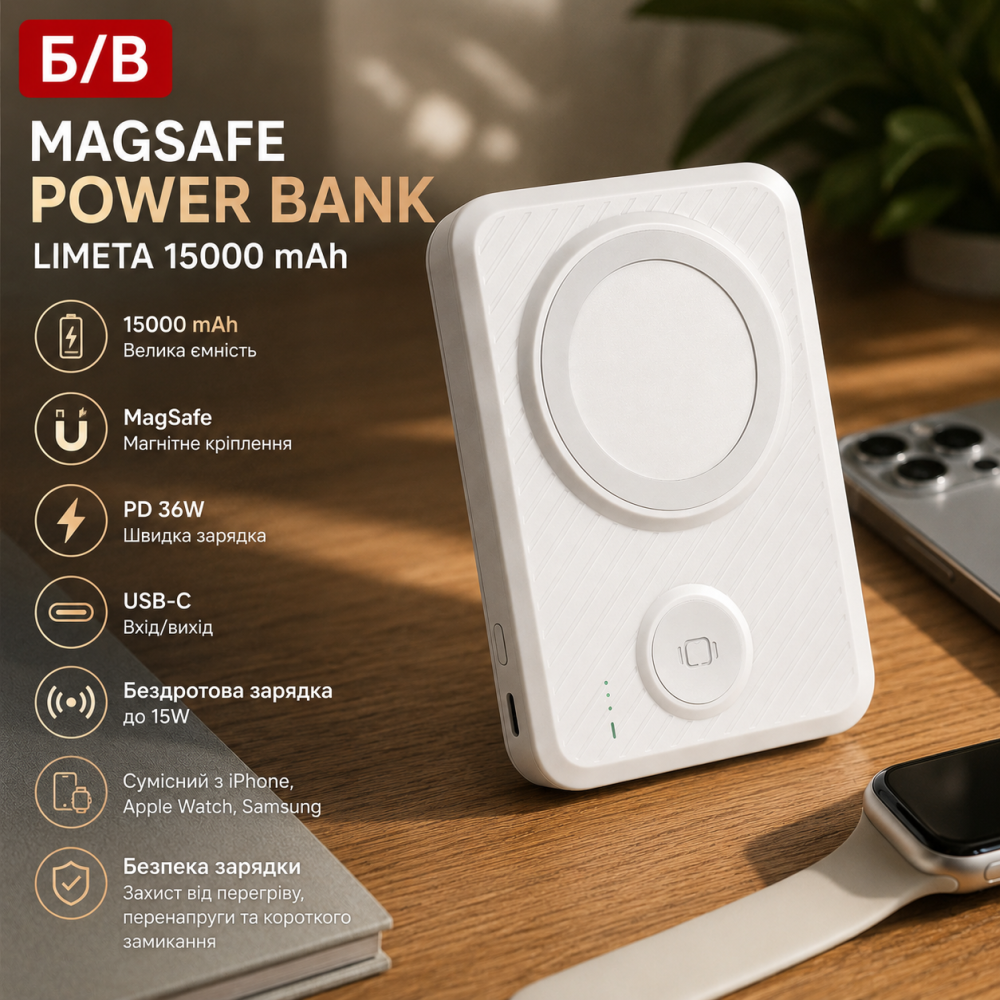Повербанк LIMETA PB50 DW 15000 мАг MagSafe PD 36W з бездротовою зарядкою для iPhone та Apple Watch, Bluetooth, USB-C, білий Київ - фото 7