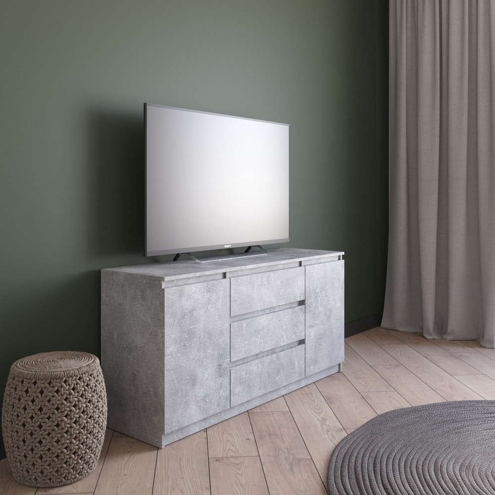 Комод под телевизор VAYS R-15 Бетон, 3 ящика и 2 отделения с полками, без ручек, ЛДСП, 140×40×75 см - для спальни, гостиной Львов - изображение 1