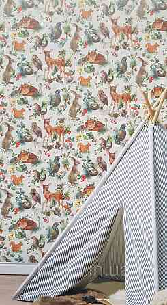 Шпалери флізелінові еко Rasch Kids World 0.53х10 дитячі косулі білки лисиці птиці шишки ягоди на білому Київ