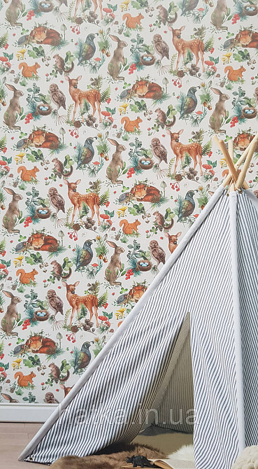 Шпалери флізелінові еко Rasch Kids World 0.53х10 дитячі косулі білки лисиці птиці шишки ягоди на білому Київ - фото 1